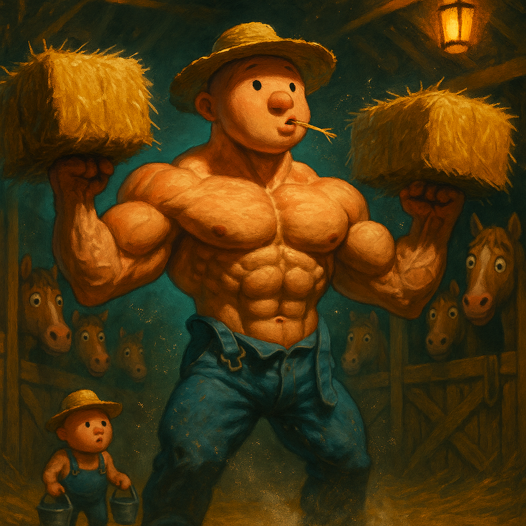 The stable boy putting in work — hay bales are the only reps he knows.