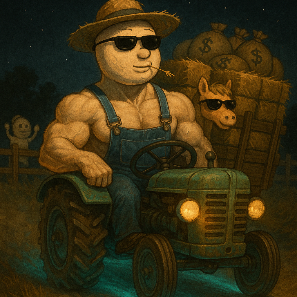 Wen tractor — the farmhand lambo, trailer full of coin bags.