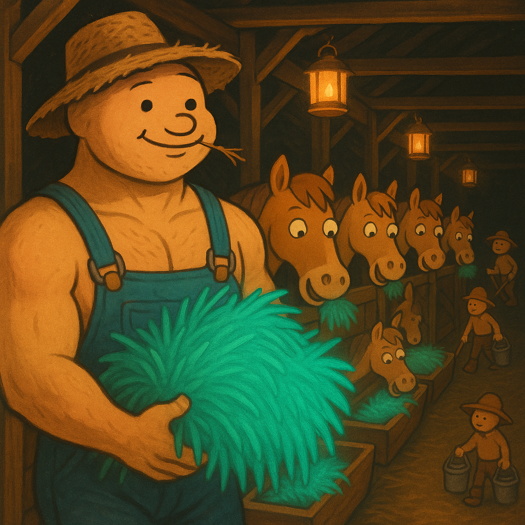 Feeding time — the stable boy tips the bucket for the whole yard.